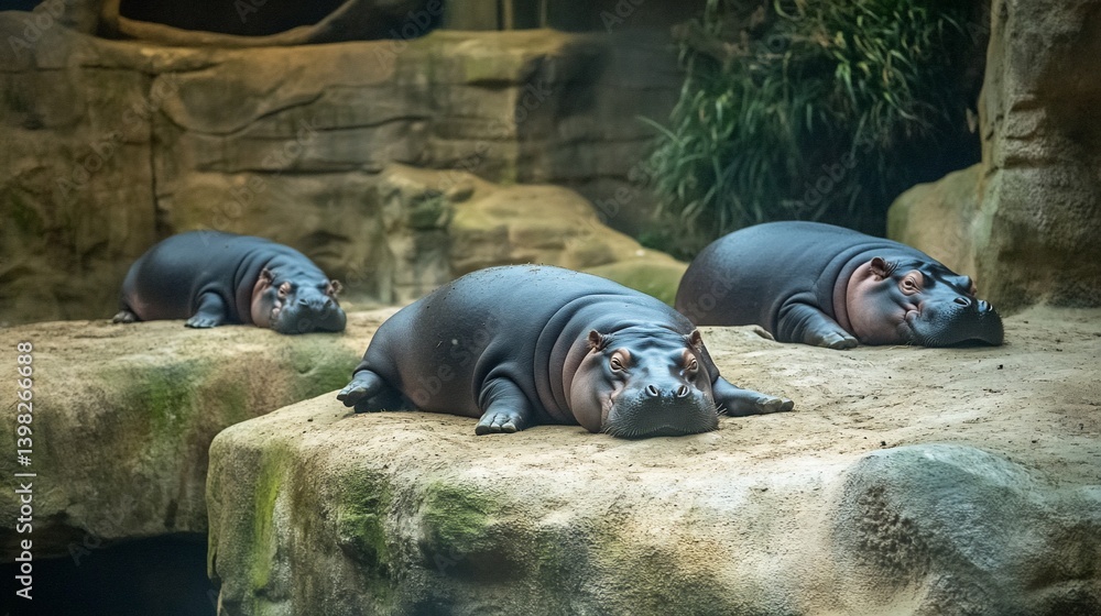 Aufkleber three pygmy hippos resting on rocks in a zoo enclosure.