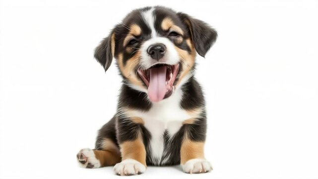 cute puppy with a tongue sticking out. The puppy is sitting on a white background. The puppy has a happy expression on its face