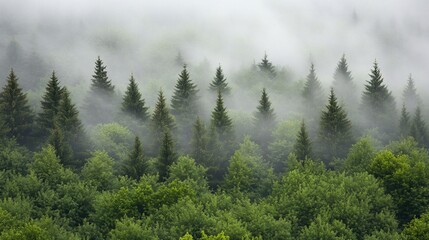 Fototapeta premium Misty mountain forest with evergreen trees shrouded in fog.