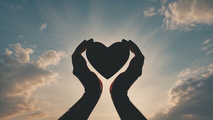 Silhouette Hands Holding Heart, hopeful mood, love and care against sky