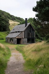 Obraz premium Modern cabin surrounded by lush greenery in a serene landscape with a gravel path leading to the entrance during an overcast day
