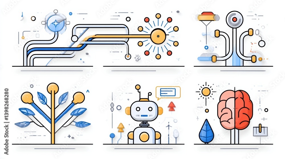 Poster ai icon set concept. a set of six digital icons representing and data analytics elements