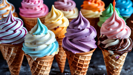Vibrant ice cream cones showcasing delightful flavors