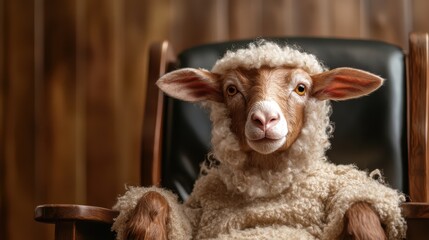 A whimsical image of a sheep sitting comfortably in a vintage armchair, evoking a sense of calm and charm, depicting a delightful scene that brings joy and warmth to the observer.