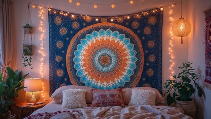 Bohemian Mandala Tapestry, orange and blue, bedroom wall decor above bed