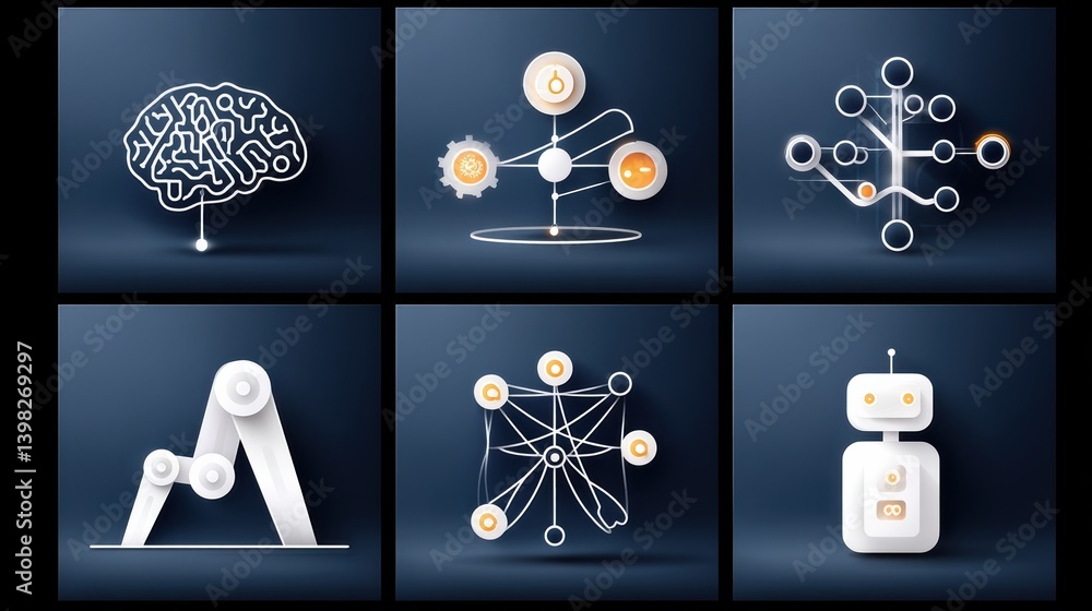 Poster ai icon set concept. conceptual icons representing ai brain robot and learning