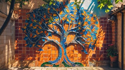 Obraz premium Colorful Mosaic Tree of Life, blue and orange, outdoor wall art against brick wall