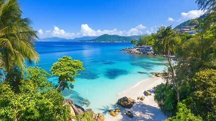 Obraz premium Idyllic Tropical Beach Scene White Sand Turquoise Waters Lush Greenery Luxury Villa