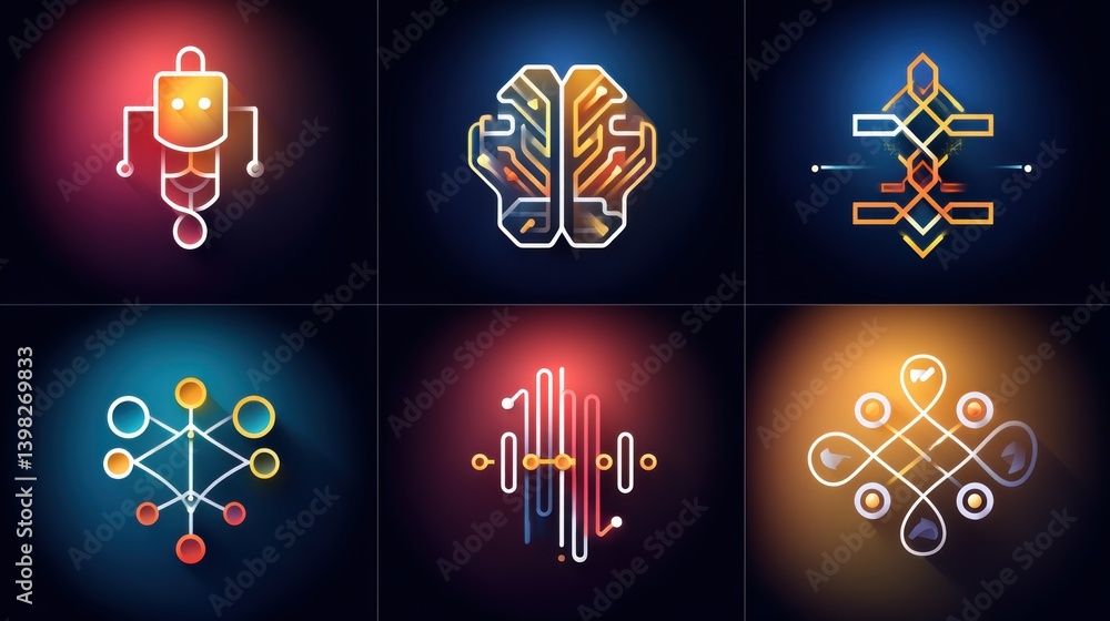 Poster ai icon set concept. futuristic ai inspired icon set with abstract digital symbols