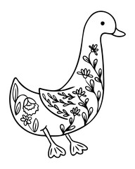 Hand drawn duck silhouette decorated with folk floral patterns and ornamental flowers on a white background. Represents folk art, nature connection and whimsical decorative design