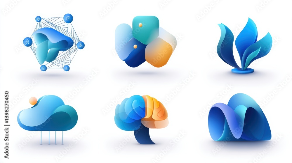 Poster ai icon set concept. interconnected neural network visualization