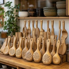 Variety of wooden kitchen utensils displayed on shelves