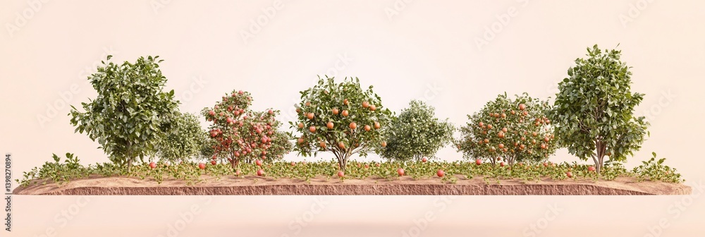 Poster orchard of apple trees with red apples on a small island.