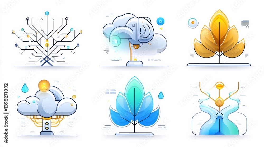 Poster ai icon set concept. set of six icons depicting technologies and neural networks