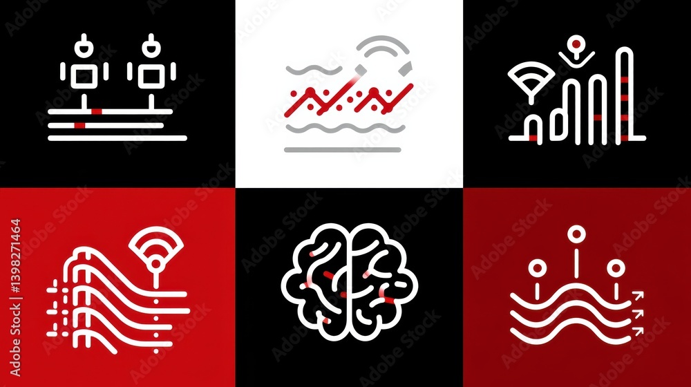 Poster ai icon set concept. six clean and professional icons depicting data flow and robotics