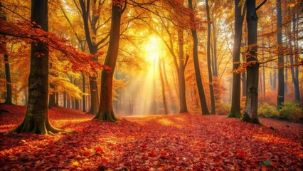 Autumnal Sunlight Illuminates a Path Through a Golden Forest of Majestic Trees with a Carpet of Fallen Leaves