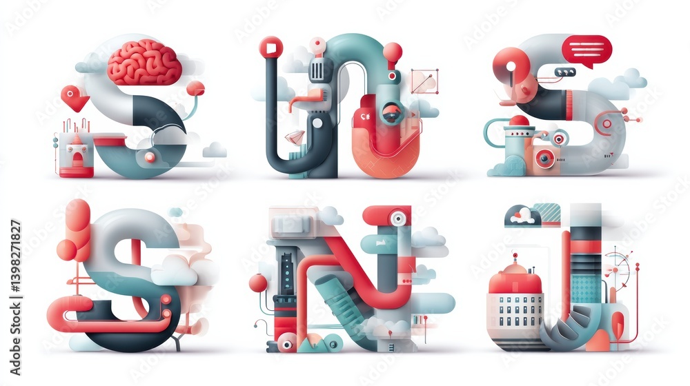 Aufkleber ai icon set concept. stylized ai related icons featuring a brain and learning elements