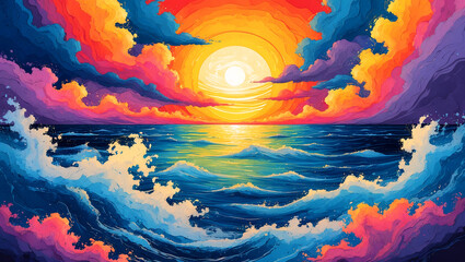 Vibrant sunrise over ocean with swirling clouds