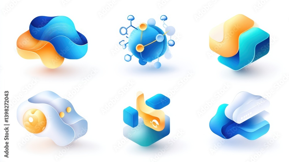 Poster ai icon set concept. vibrant abstract icons with fluid shapes and futuristic textures
