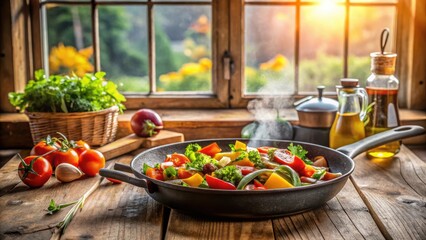 Aromatic Steaming Vegetable Medley in Rustic Kitchen Setting with Warm Sunlight Streaming Through Window
