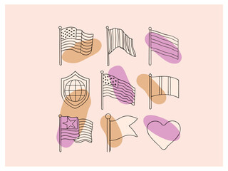 Simple Line Art Illustrations of Various Flags and Shields. A collection of minimalist line art illustrations featuring various flags and shields, set against a soft peach background. flag, USA, Ameri
