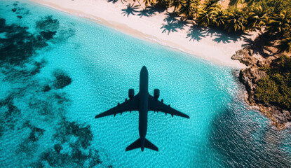Flying over paradise with a shadow dancing on crystal-clear waters beside a palm-lined beach