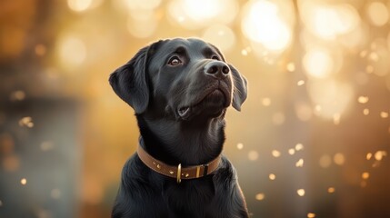 An elegant portrait of a black Labrador retriever captured in soft lighting, showcasing its expressive eyes and calm demeanor, reflecting loyalty and love.