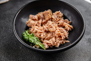 Tuna canned fish seafood appetizer dish organic product fresh tasty gourmet food background on the table rustic food top view copy space keto and paleo pescetarian diet