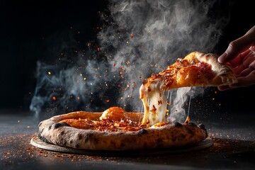 A steaming hot slice of pizza being lifted from the whole pizza