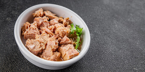 Tuna canned fish seafood appetizer dish organic product fresh tasty gourmet food background on the table rustic food top view copy space keto and paleo pescetarian diet