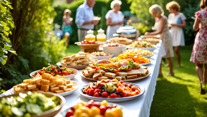 Summer garden party buffet table overflowing with fresh salads, sandwiches, and fruit. Guests mingle joyfully in sunny backyard. Outdoor catering, family celebration concept.