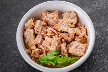 Tuna canned fish seafood appetizer dish organic product fresh tasty gourmet food background on the table rustic food top view copy space keto and paleo pescetarian diet
