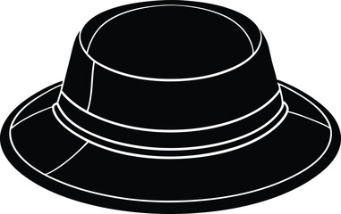 stylist black hat with a bow, black hat, black and white hat, black top hat isolated on white, black top hat silhouette vector icon on black background.