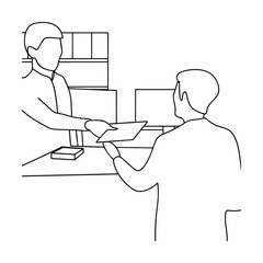 Minimalist Outline Illustration Of Two Men Exchanging Documents In An Office Setting