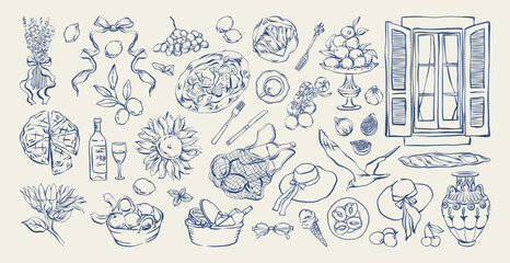 Mediterranean summer set. Vintage Italian summer hand drawn vector ink doodle. Coastal picnic elements, food, breakfast, snacks. Dolce vita whimsical sketch for restaurant menu, packaging, and cards. © Berentina