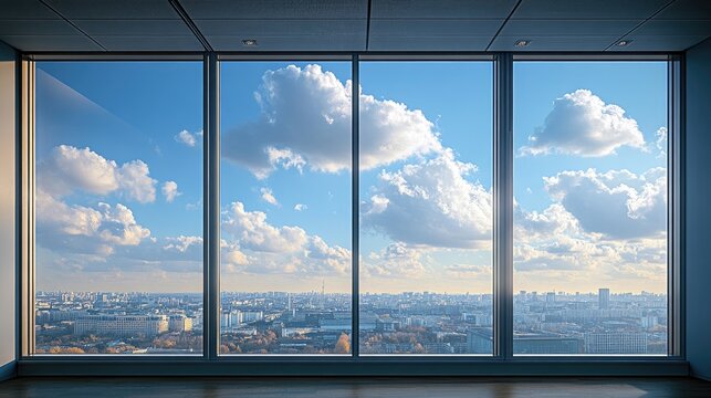 Fototapeta A large window frames a city view of a beautiful daytime sky