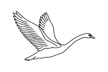 Simple Black And White Outline Of A Flying Swan With Detailed Wings