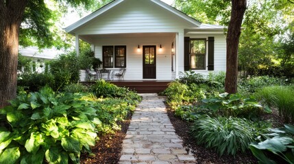 An elegant home distinguished by a charming stone pathway surrounded by lush gardens, providing a peaceful entryway into this delightful residential retreat.