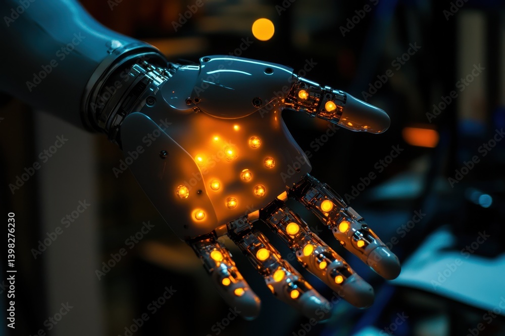 Poster advanced robotic hand with glowing lights showcasing technology and innovation in a lab setting