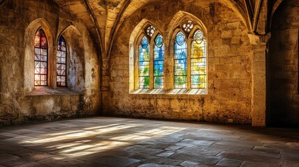 Obraz premium Spacious stone room in a medieval castle with tall stained glass windows and enchanted ambiance, filled with rich shadows and photo-realistic textures.