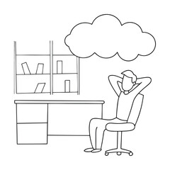 Man Relaxing At Desk Thinking Creative Ideas Under Cloud Concept Line Art
