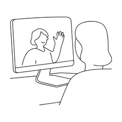 Woman On Video Call Waving To Colleague Using Minimalist Line Art
