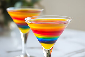 Colorful rainbow layered gelatin cocktails in martini glasses.
