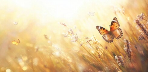 Autumn field or meadow with dry grass flowers and butterflies on nature in rays of sunlight close up macro. soft focus and beautiful bokeh. Autumn banner background with copy space