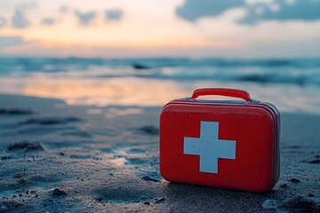 A red first aid kit with a white cross on it stands outside