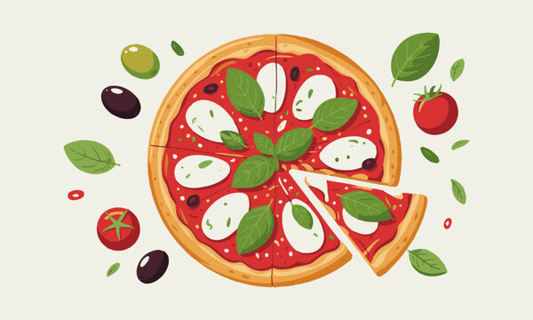 Modern vector illustration of a delicious Margherita pizza in a playful, hand-drawn style, easily editable.