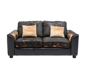 Burned Sofa Set with Charred Cushions on White Background, Damaged Furniture, Fire Damage