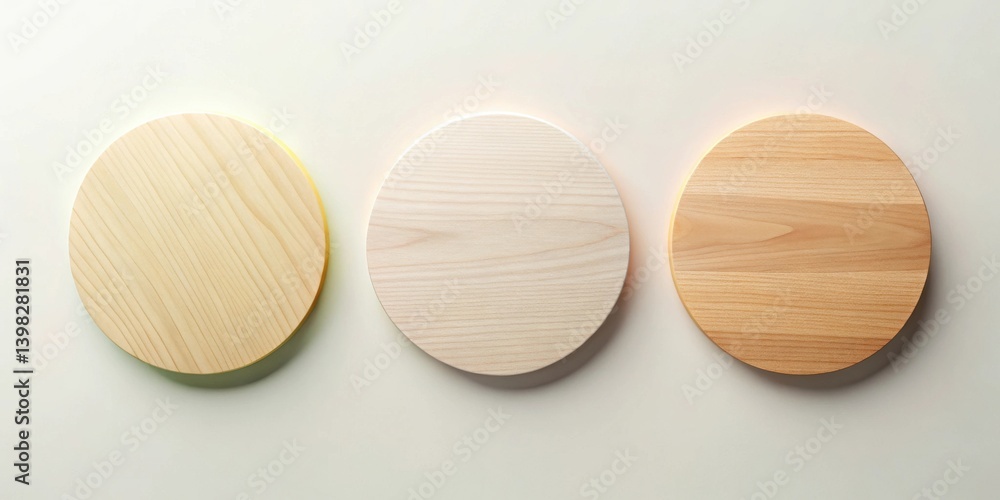 Fototapete Three Circular Wooden Discs Arranged in a Row on a Light Background, Showing Subtle Variations in Wood Grain and Tone