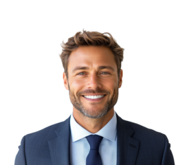 Professional businessman smiling portrait confidence positive vibes. Isolated on transparent background, png.