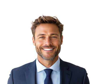 Professional businessman smiling portrait confidence positive vibes. Isolated on transparent background, png.